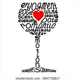 A glass formed from words. Vector image for decoration of menus, posters, invitations. Creation of a romantic mood.