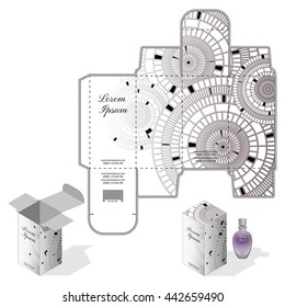 Glass fragrance Protective Box design, Mock-up beauty care design, bottle cap and pump, die-stamping,  folding, ready for use, Vector illustration