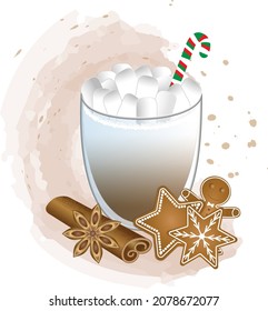 Glass of fragrant coffee with marshmallows,
gingerbreads and cinnamon.Winter hot drink on the watercolor background.Can be used for bar menu, card, flyer, poster.Vector illustration.