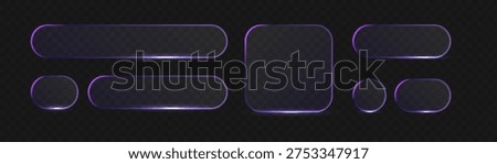 Glass frame button light violet effect shape background liquid transparent. This vector banner features a square 3d UI interface with round morphism elements and a neon holographic design