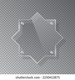 Marco de vidrio de estrella de ocho puntos con ilustración vectorial de remaches metálicos. Panel de plexiglás gloso 3D realista con efecto de luz reflectante y remaches de acero, placa con nombre de cristal sobre fondo transparente