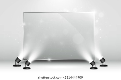 Glass frame illuminated by spotlights.Presentation place.