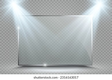 Glass frame illuminated by spotlights.Presentation place.