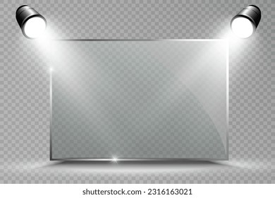 Glass frame illuminated by spotlights.Presentation place.