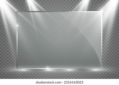 Glass frame illuminated by spotlights.Presentation place.