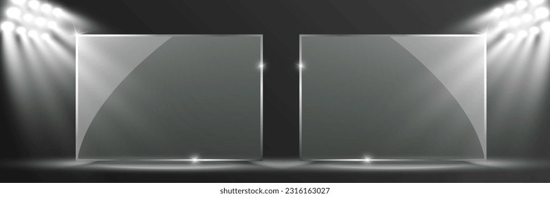 Glass frame illuminated by spotlights.Presentation place.