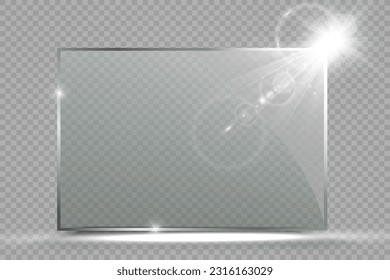 Glass frame illuminated by spotlights.Presentation place.