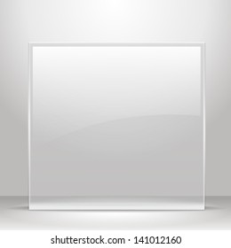 Glass frame for images and advertisement. Empty room.