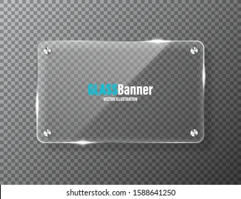 Glass frame with metal holder. Realistic transparent glass banner with glare. Mockup design element. Vector illustration.