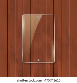 Glass frame on wooden texture background. Glass framework banner design.