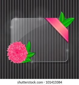 Glass Frame with Pink Flower and Green Leaves with Copy Space on Black Stripe Background. Abstract background. Vector illustration.