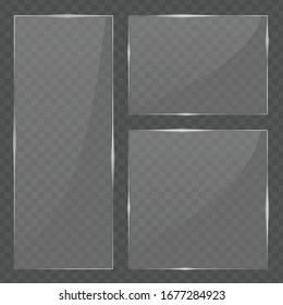 Glass frame set isolated on transparent background. Realistic glass transparent banners collection. Glowing borders. Vector illustration EPS 10.