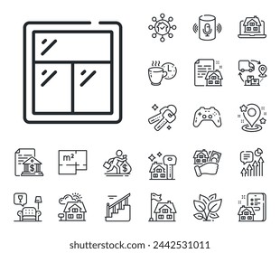 Glass frame sign. Floor plan, stairs and lounge room outline icons. Window line icon. Building window symbol. Window line sign. House mortgage, sell building icon. Real estate. Vector