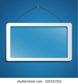 glass frame suspended from a rope isolated on blue background