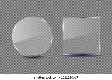 Glass frame Template. Acrylic and Plexi glass. Window mockup. Glossy square and circle. Empty banners on transparent background. Glossy clear surface. Plastic light shiny plates wth shadow. Vector