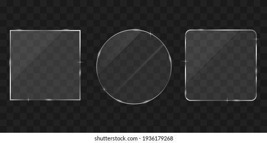 Glass frame vector illustration on transparent background. Square, round glass texture with glares
