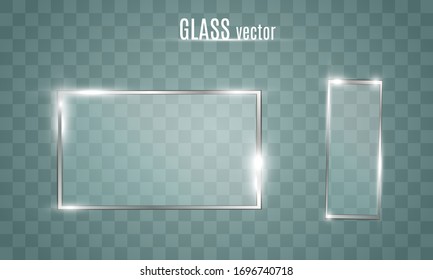 Glass frame. Window, mirror. Transparent window with a frame. Glare on a flat, glassed frame.