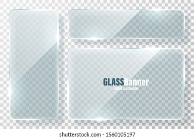 Glass frames collection. Realistic transparent glass banner with glare. Vector design element.