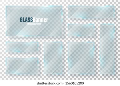 Glass frames collection. Realistic transparent glass banner with glare. Vector design element.