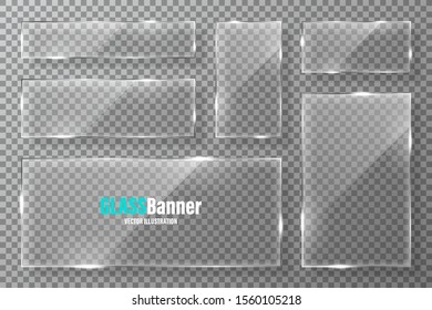 Glass frames collection. Realistic transparent glass banner with glare. Vector design element.