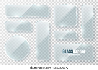 Glass frames collection. Realistic transparent glass banner with glare. Vector design element.