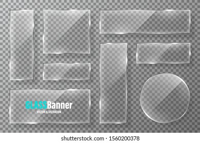 Glass frames collection. Realistic transparent glass banner with glare. Vector design element.
