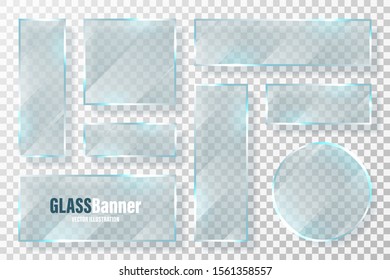 Glass frames collection. Realistic transparent glass banner with glare. Vector design element.
