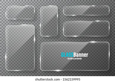 Glass frames collection. Realistic transparent glass banner with glare. Vector design element.