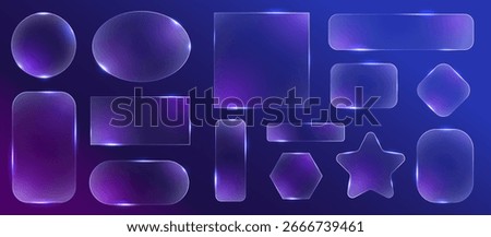 Glass frames. Futuristic glowing HUD borders with glassmorphism transparent effect, digital LED light elements for banner design. Vector glossy neon illuminated frame set.