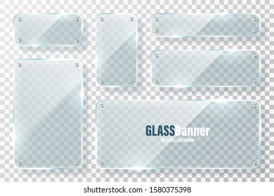 Glass frames with metal holder collection. Realistic transparent glass banner with glare. Mockup design element. Vector illustration.