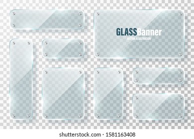 Glass frames with metal holder collection. Realistic transparent glass banner with glare. Mockup design element. Vector illustration.