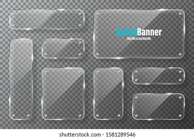 Glass frames with metal holder collection. Realistic transparent glass banner with glare. Mockup design element. Vector illustration.