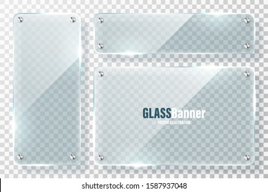 Glass frames with metal holder collection. Realistic transparent glass banner with glare. Mockup design element. Vector illustration.