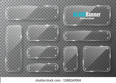 Glass frames with metal holder collection. Realistic transparent glass banner with glare. Mockup design element. Vector illustration.