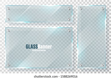 Glass frames with metal holder collection. Realistic transparent glass banner with glare. Mockup design element. Vector illustration.