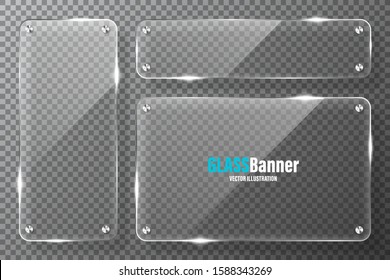 Glass frames with metal holder collection. Realistic transparent glass banner with glare. Mockup design element. Vector illustration.