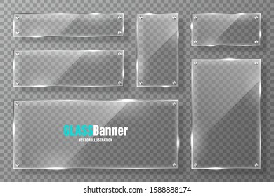 Glass frames with metal holder collection. Realistic transparent glass banner with glare. Mockup design element. Vector illustration.