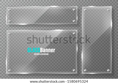 Glass frames with metal holder collection. Realistic transparent glass banner with glare. Mockup design element. Vector illustration.