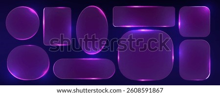 Glass frames with purple neon light set - rectangle and round, square and oval shapes with glowing effect. Futuristic glossy banner border design elements. Night club or game hud ui geometric signs.