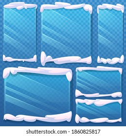 Los marcos de cristal de las capas de nieve están congelados. Ventanilla de invierno, navidad o nuevo año de fondo. Los marcos de vidrio con efecto nieve y hielo aislados. Ilustración del vector