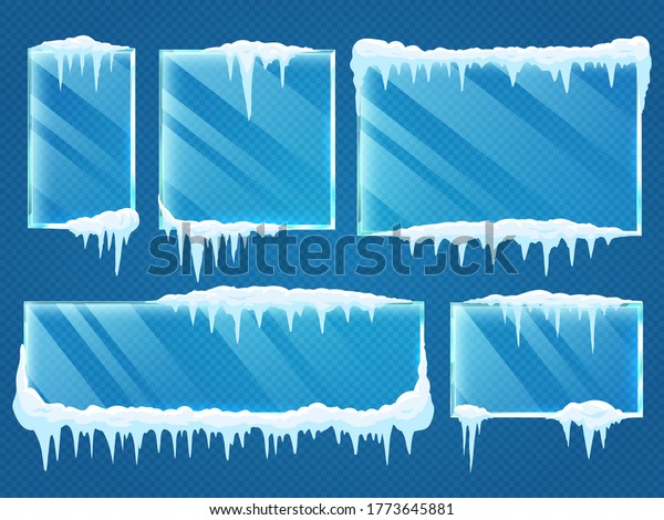 Glass frames\
with snow caps. Frozen winter window border with ice and frost\
isolated on transparent background. Frame of different shape as\
square and rectangle vector\
illustration