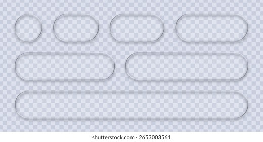Quadro de vidro definido em fundo transparente, vetor de vidro líquido. Limpar botões e banners em várias formas para o design da Web.