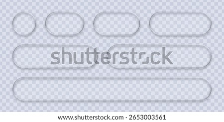 Glass framework set on transparent background, liquid glass vector. Clear buttons and banners in various shapes for web design.