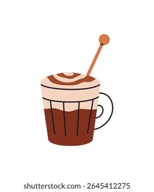 Copo de café frappe com colher de chá. Xícara de macchiato no café. Caneca de bebida descafeinada com arte em café, bebida quente na moda com espuma de leite. Ilustração de vetor isolado plano sobre fundo branco