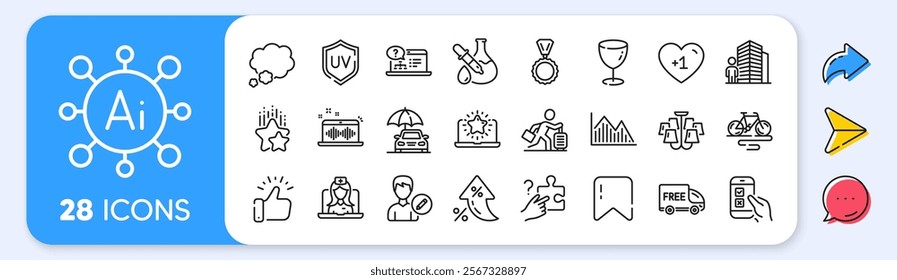 Glass, Free delivery and Investment graph line icons. Interest rate, AI generate, Inflation icons. Pack of Talk bubble, Ranking stars, Medal icon. Vector