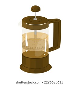 Glass French press on a plastic base with tea. Preparation of tea and coffee. Isolated object on white background.