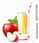 A glass of fresh apple juice or smoothie with ice cubes falling into the glass. Cup of cocktail or yogurt with red apple, isolated on transparent background. Realistic 3d vector