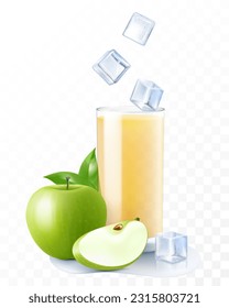 Un vaso de zumo de manzana recién hecho o de smoothie con cubos de hielo cayendo en el vaso. Copa de cóctel o yogur con manzana verde, aislada en un fondo transparente. Vector 3d realista