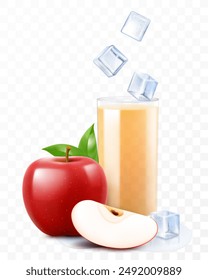 A glass of fresh apple juice or smoothie with ice cubes falling into the glass. Cup of cocktail or yogurt with red apple, isolated on transparent background. Realistic 3d vector