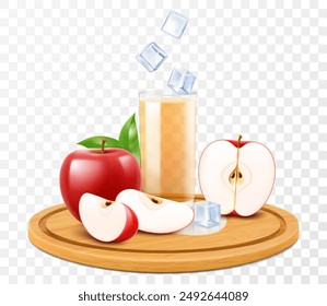 A glass of fresh apple juice or smoothie with ice cubes. Cup of cocktail or yogurt with red ripe apples on wooden tray, isolated on transparent background. Realistic 3d vector